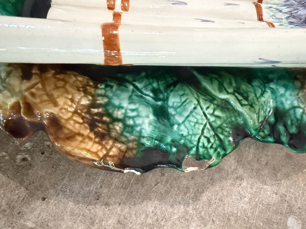 French 19th Century Majolica Asparagus Serving Tray with Foliage Oval Plate