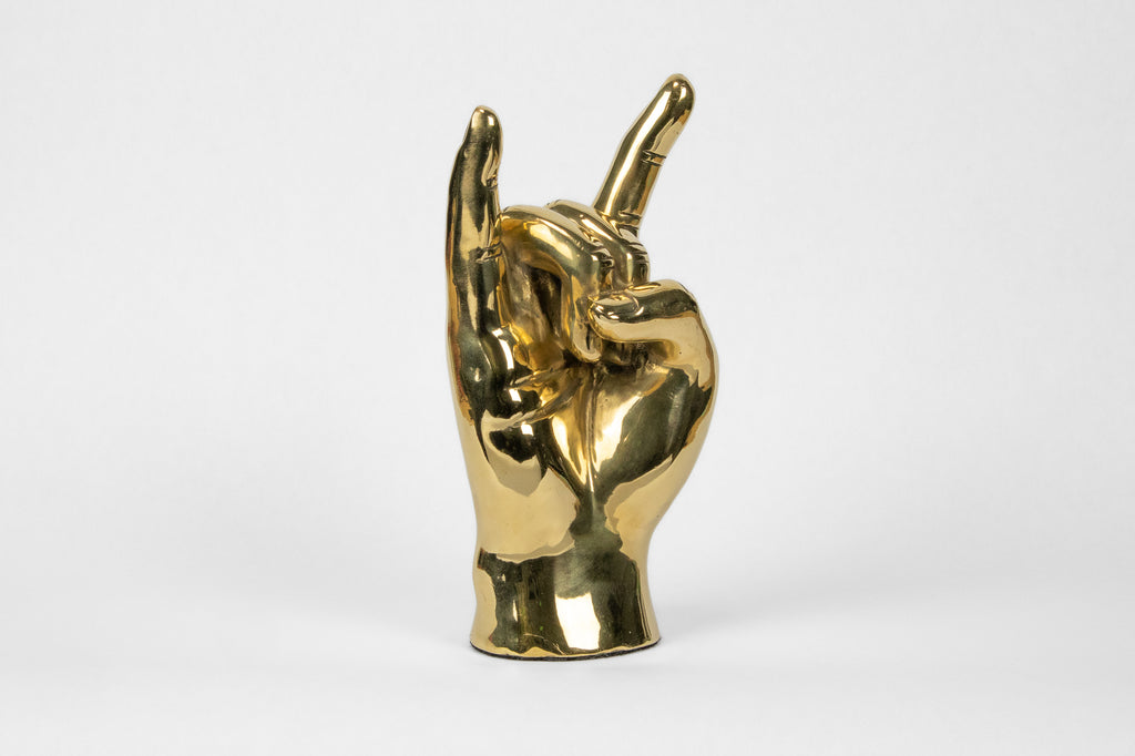 Horns Up or Rock On Hand Sign Sculpture in Brass