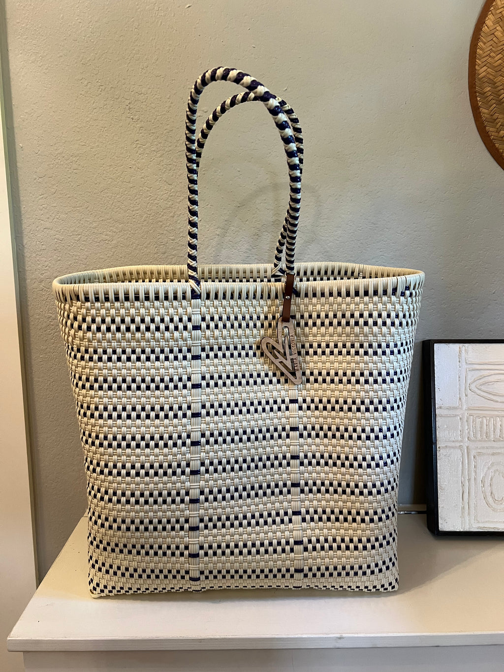 Multicolor Tote, Cream (Off White) with Violet (Purple) Detail in Extra Large