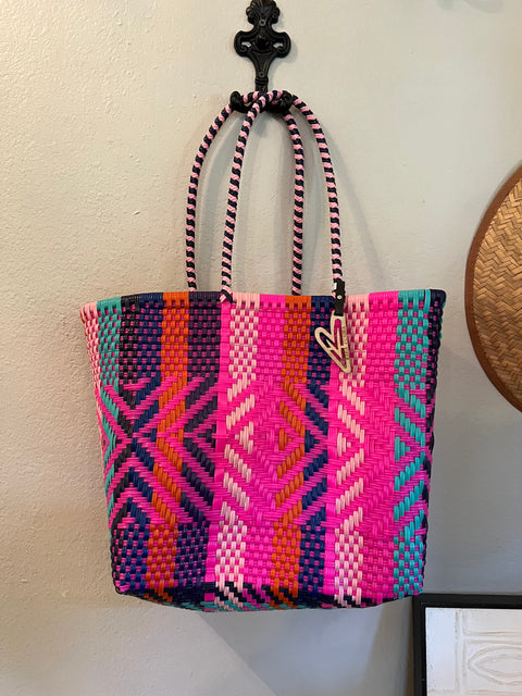 Multicolor Tote, Hot Pink with Light Teal, Light Pink, Navy and Orange Pattern (F110)