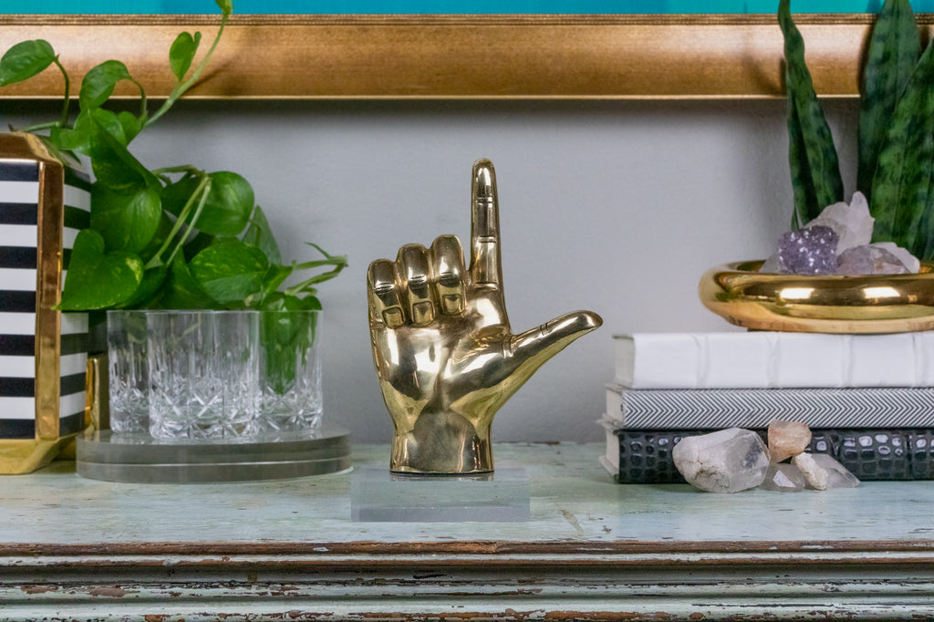 "L" Initial Hand Sign Sculpture in Brass