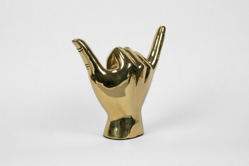 Shaka ("Hang Loose") or Roadrunner or "Birds Up" Hand Sign Sculpture in Brass