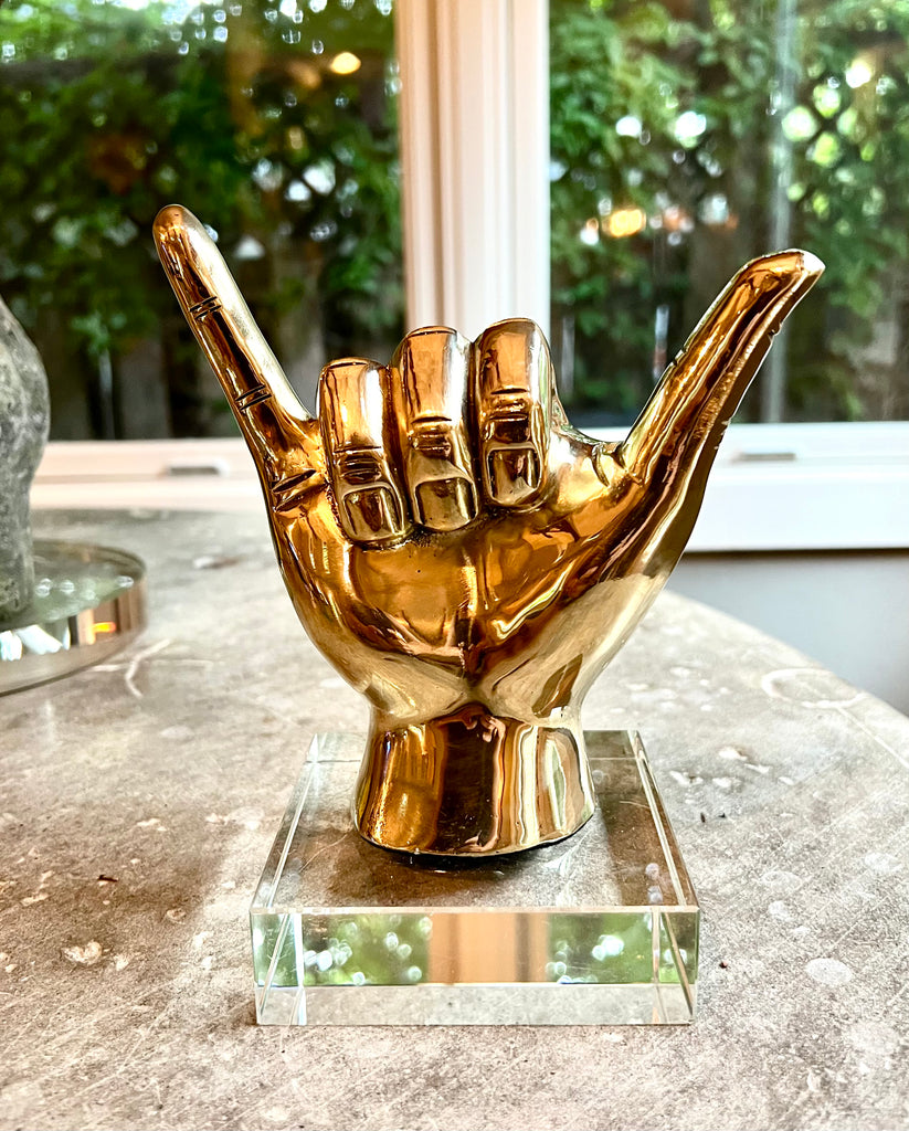 Shaka ("Hang Loose") or Roadrunner or "Birds Up" Hand Sign Sculpture in Brass