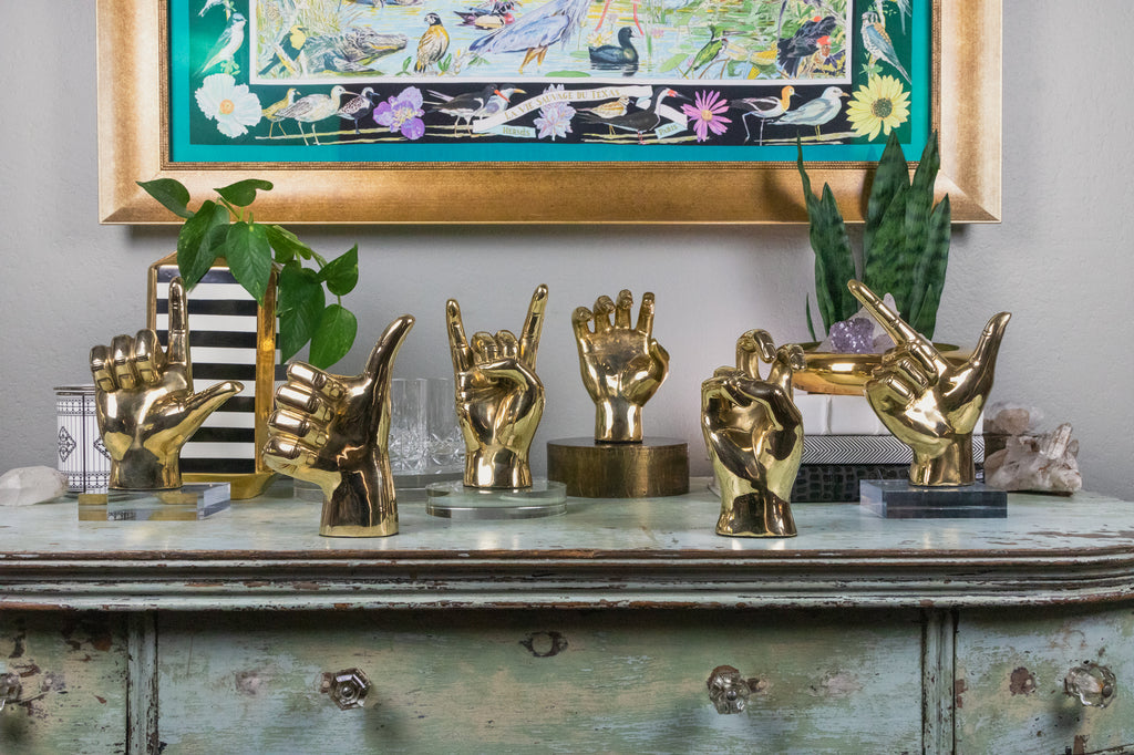 "L" Initial Hand Sign Sculpture in Brass