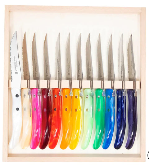 Berlingot Laguiole Steak Knives, Set of 12, in Wooden Box in Rainbow Mix of Colors