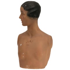 Vintage French Plaster Art Deco Shop Display Mannequin Bust, Branded "Lube Paris", Circa 1930