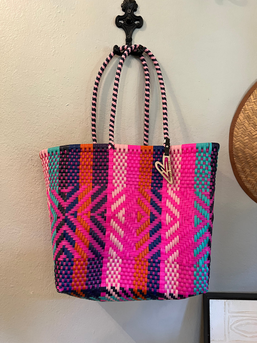 Multicolor Tote, Hot Pink with Light Teal, Light Pink, Navy and Orange Pattern (F110)