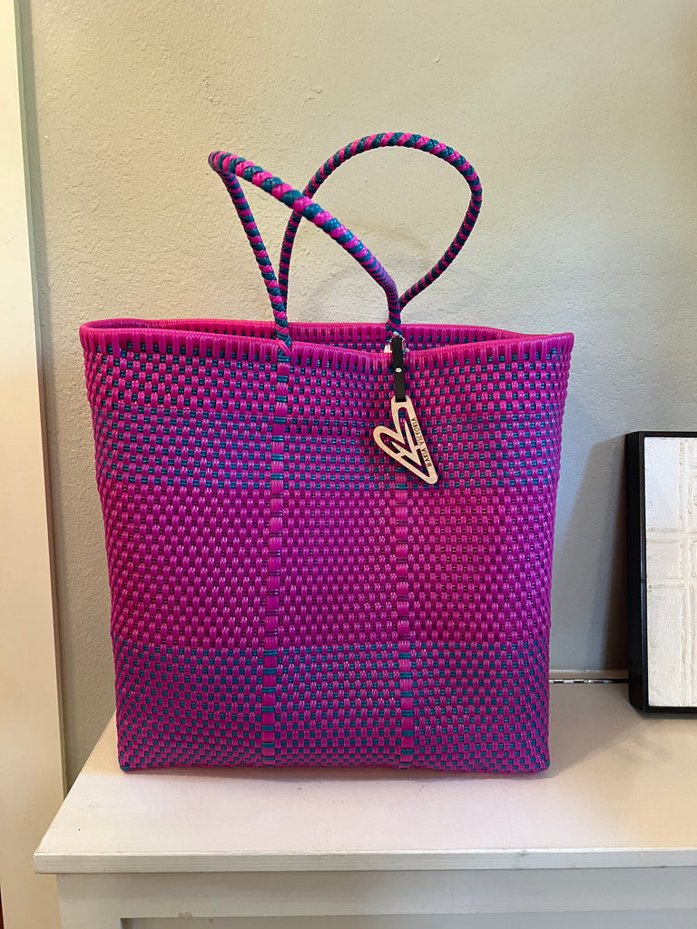 Multicolor Tote, Hot Pink with Teal Detail (F06)